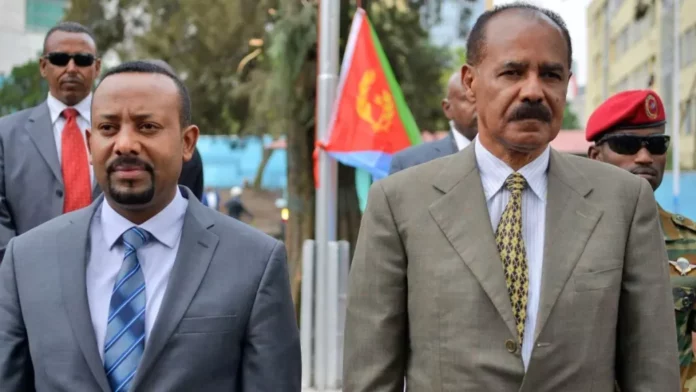 Prime Minister Abiy Ahmed, left, and Eritrea’s President Isaias Afwerki attend the reopening of the Eritrean embassy in Ethiopia in July 2018 (Photo: EPA)